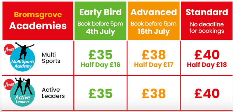 Bromsgrove Summer Pricing Table