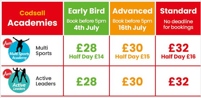 Codsall Summer Pricing Table