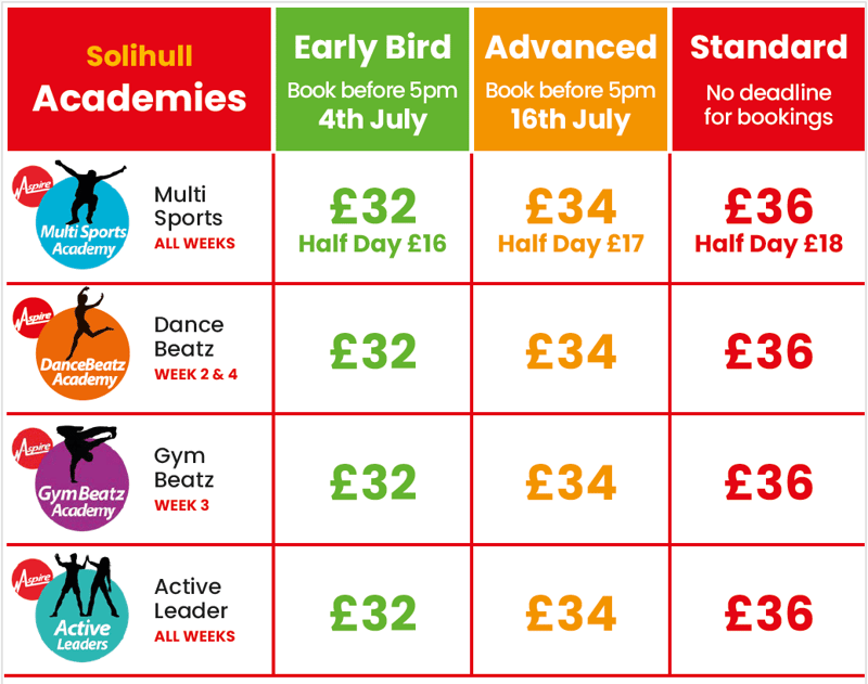 Solihull Summer Pricing Table
