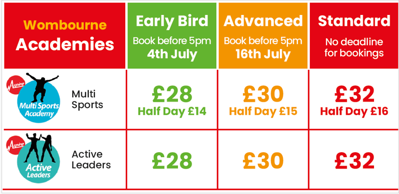 Wombourne Summer Pricing Table